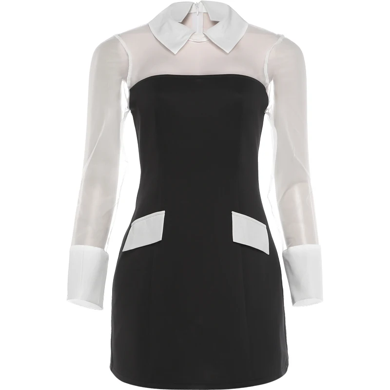 Weird Puss Fashion Mesh-Patchwork-Kleid für Damen, sexy, farbblockierend, trendig, mit Umlegekragen, langen Ärmeln, elegant, für Party und Club, figurbetont – Detail 2