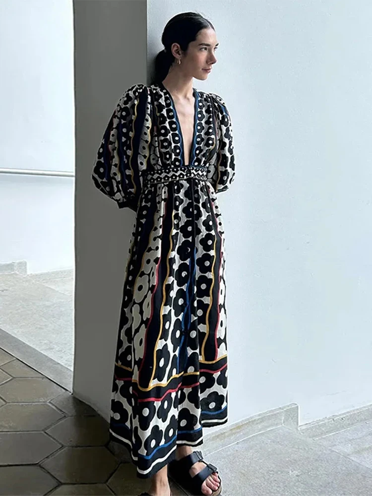 

Vintage Printed Maxi Dress Women Long Puff Sleeve V Neck Lady A Line High Waist Dresses 2024 Newest Early Autumn Street Robes