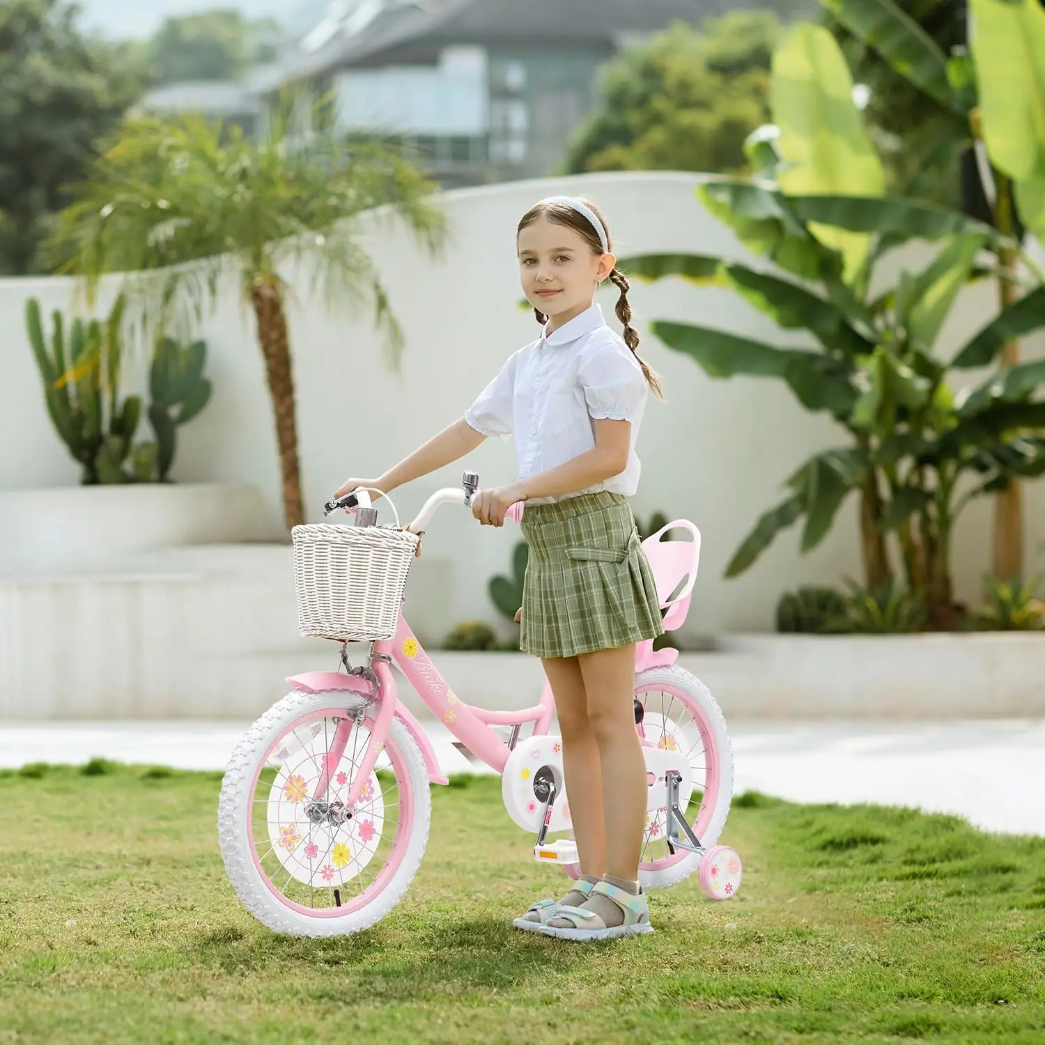 Rower dziewczęcy z koszykiem i siedziskiem dla lalki dla dzieci w wieku od 3 do 14 lat, 12 14 16 cali z kołami pomocniczymi