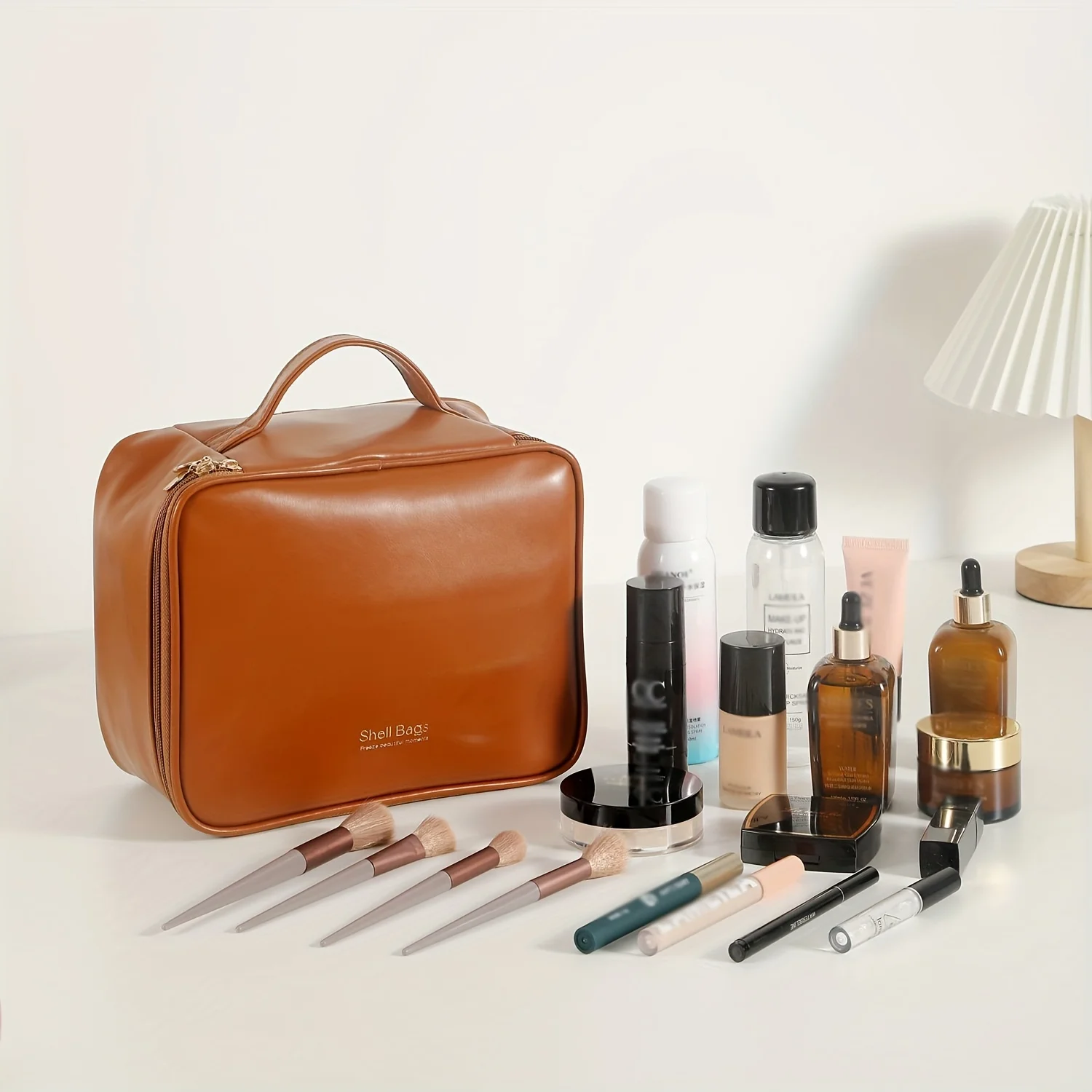 Bolsa de cosméticos portátil de cuero PU para mujer, lindo organizador de maquillaje de viaje, bolsa de aseo versátil con cremallera