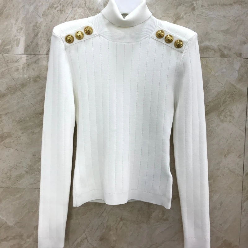 2023 New Autumn Turtleneck Slim Fit Black Blue White Office Lady Golden Button Long Sleeve Sweaters