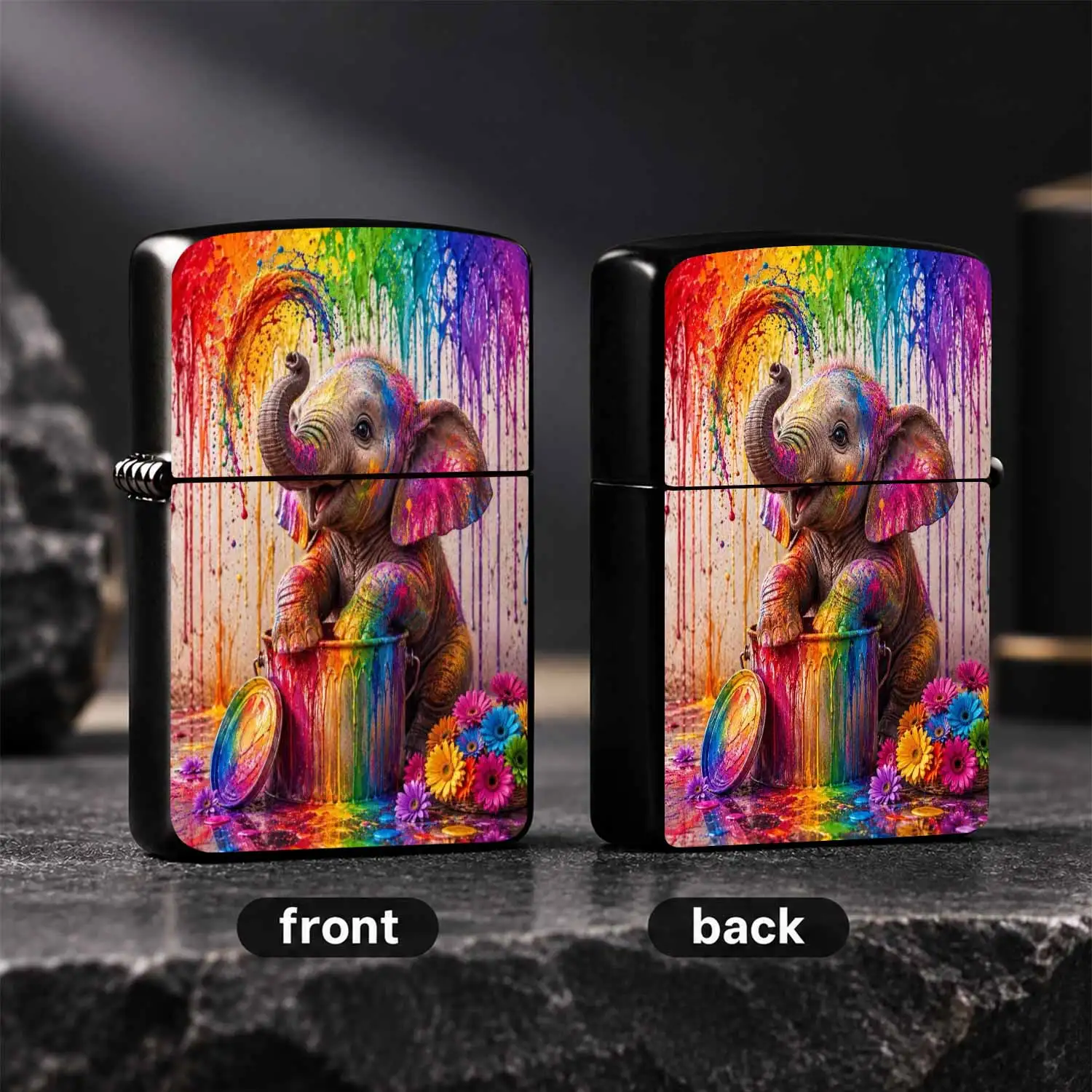 Cute Rainbow Baby Elephant Colorful Paint Splatter Print Lighter, Vibrant Artistic Graffiti Style Portable Igniter, Lovely Creative Elephant Themed Accessory for Daily Use, Festive Gifting and An A Humorous And Interesting Lighter
