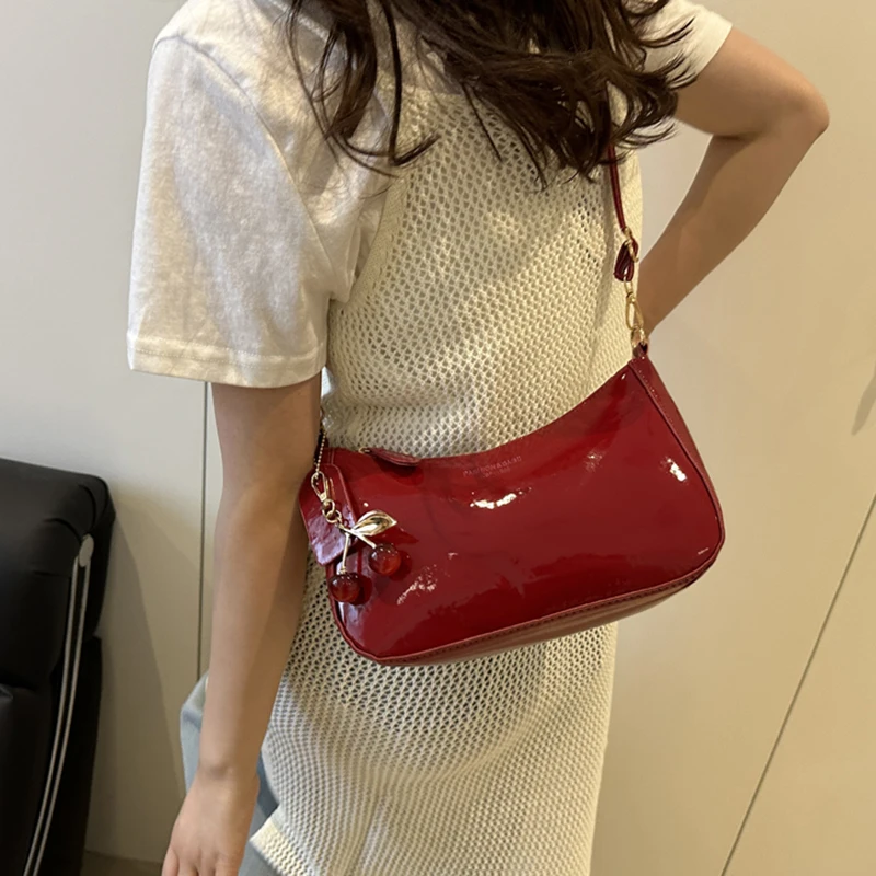 Square Crossbody Bags For Women Red Patent Leather Flap Shoulder Bag With Cherry Pendent Elegant Simple Fashion Handbags 2025
