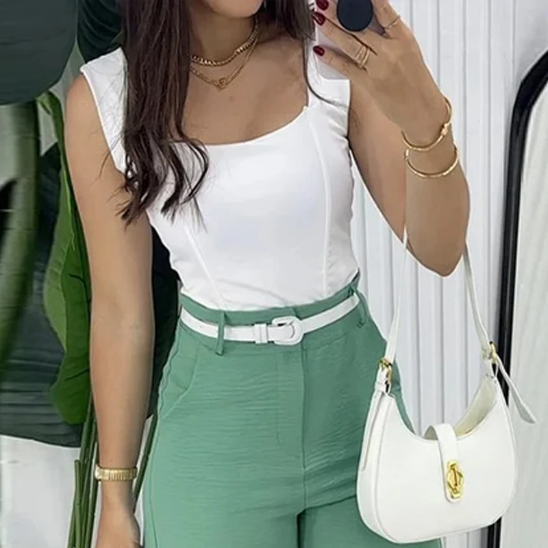 Wefads Two Piece Set Women Summer Casual Vest Solid Square Neck Lace Up Backless Top With Belt Loose Wide Legs Pocket Pants Sets