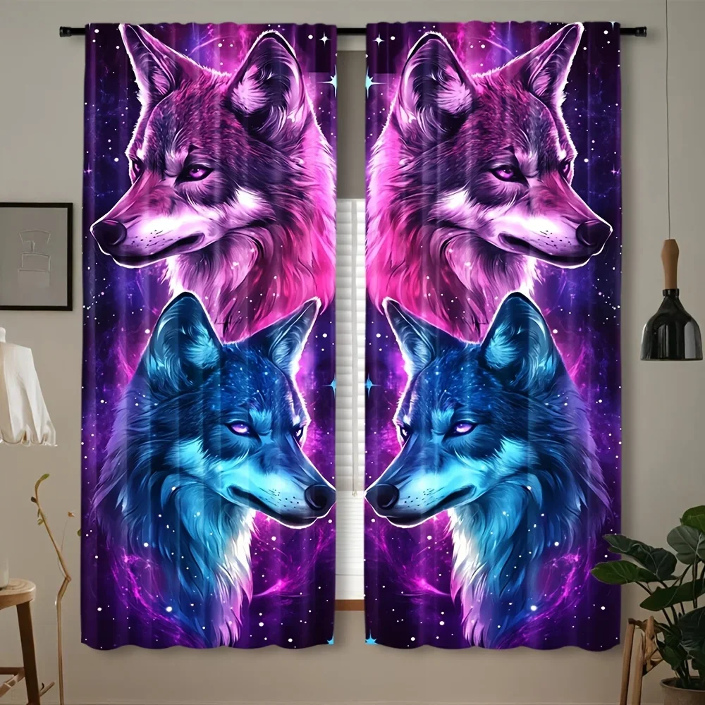 Cyber Starlight Duo Wolf Theme Print Drapes Room Darkening Window Curtains for Home Decor,Rod Pocket Blackout Curtains Bedroom