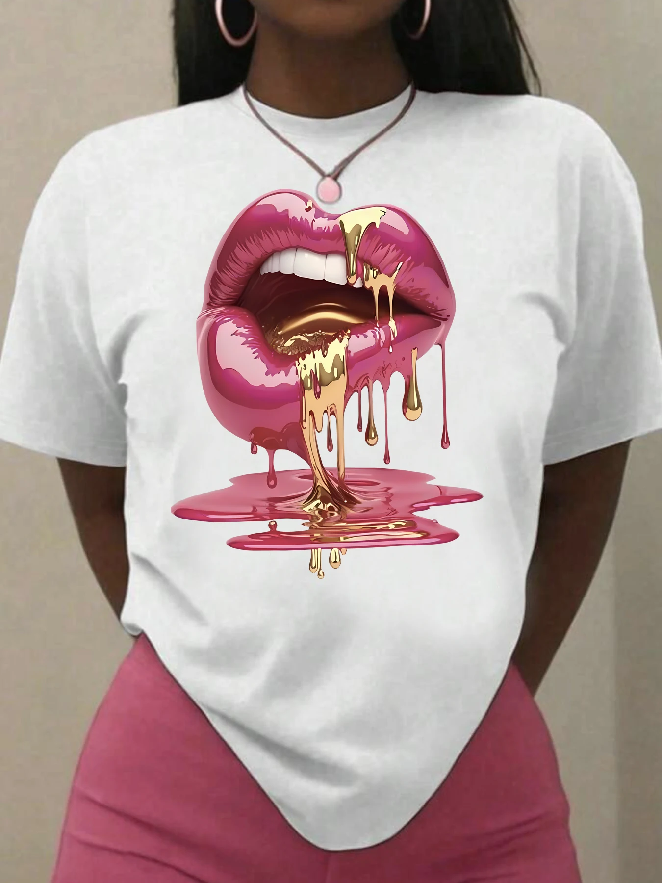 

Mouth pattern round neck plus size women T-shirt short sleeve trend printing elastic half sleeve T-shirt