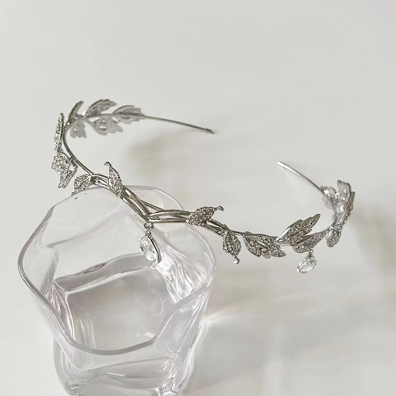 Fairy Elf Leaf Water Drops Rhinestones Crown Fairycore Hairbands Bohemian Pendant Headwear Retro Magnificent Hanfu Accessories V