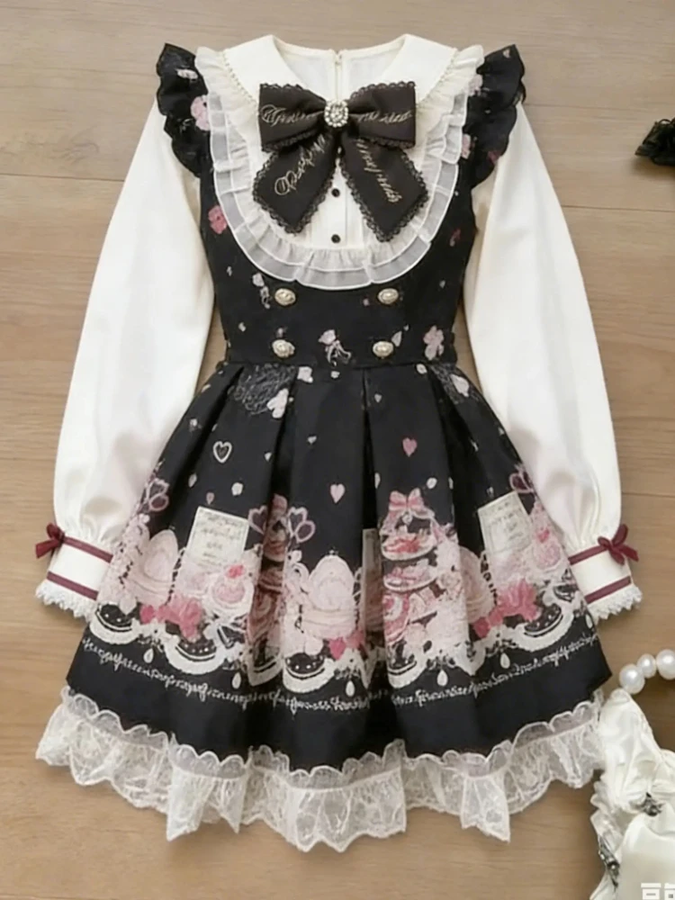 Kardigan Rajutan Berenda Wanita Set 3 Potong Lolita Manis Musim Gugur Musim Dingin + Atasan Rompi Tanpa Tali Ramping Seksi + Rok Ruched Pinggang Tinggi