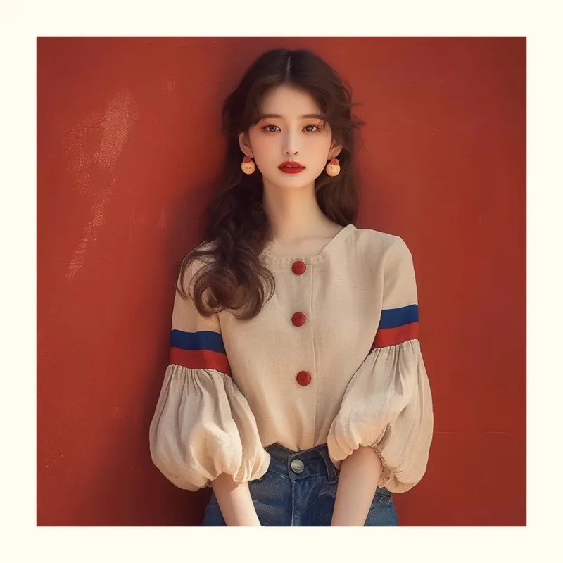 Chiffon Vintage Women's Shirt Spring/summer New Patchwork Korean Clothing Sales Loose Long Sleeves Top Fashion Women Blouses