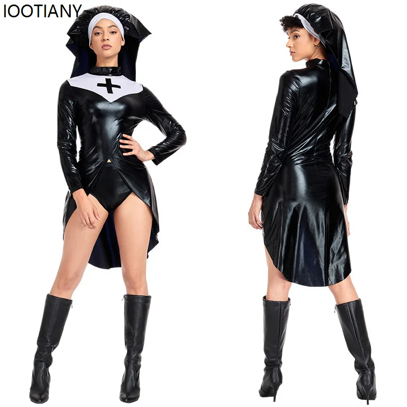 

Halloween Costume Sexy Nun Cosplay Leather Punk Cross Women Bodysuit Adult Novelty Gift Party Girl Skirt Temptation Uniform 2025