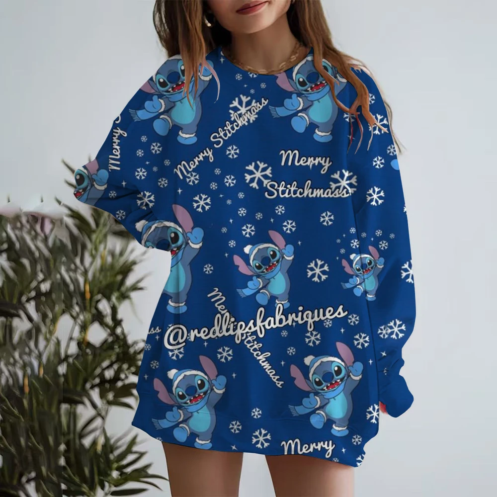 Christmas Disney Stitch Hoodie Long Sleeve Round Neck T-shirt Autumn/Winter Basic Hoodie Women's Knitted Checkered Sleeve Sports