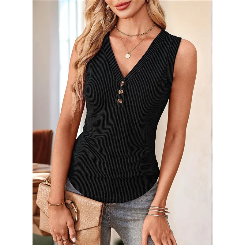 حار Kf-المرأة تانك القمم 2025 فضفاض زر أسفل الخامس الرقبة فلوي الصيف القمم الأساسية عطلة الشاطئ وتتسابق