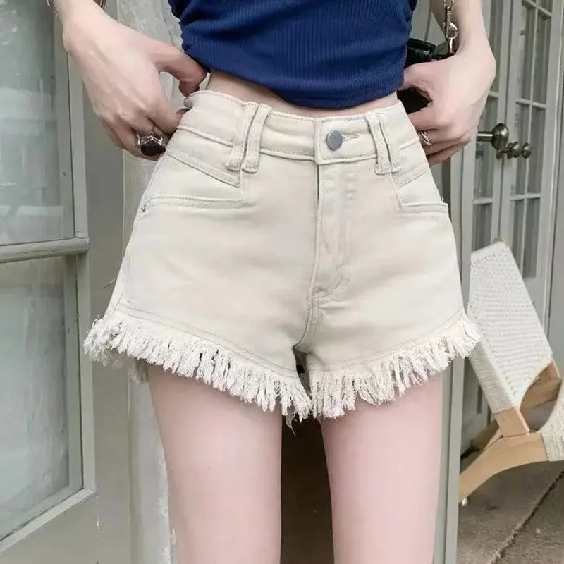 

White Denim Shorts Women New High-Waist Ripped Fringed Burr Hot Pants 2024 Summer Loose Wide-Leg Korean Style Short Femme