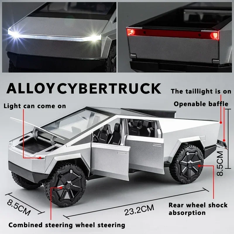 New Cybertruck 1/24 Silver Pickup Model Alloy Cars Diecast Metal Simulation Off-road Vehicles Car with Sound Light for Kids Toys