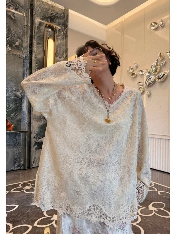 

Retro V-neck Embroidered Lace Top plus Size Women's Loose Fit Polyester Shirt Casual Daily Wear Spring Season Fashion