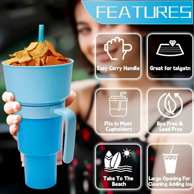 New 2 IN 1 Creative Popcorn Snack Cup Integrated Beverage Cup with Handle Portable Beverage Cup Novel Design and Many Functions