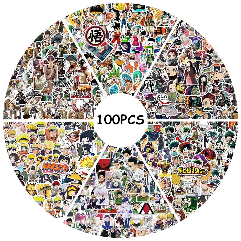 100 pegatinas de NARUTO, calcomanías decorativas de anime de HUNTER×HUNTER, Nezuko, Son Goku, My Hero Academia, Attack on Titan, pegatinas para equipaje y juguetes