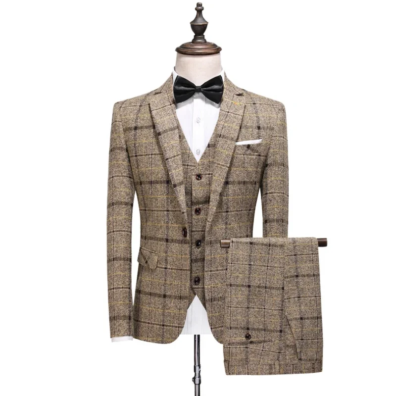 

Lansboter Brown Men Suit 3 Pieces Gray Lattice Casual Daily For Wedding Groom Banquet Work Set Jacket Vest With Pants