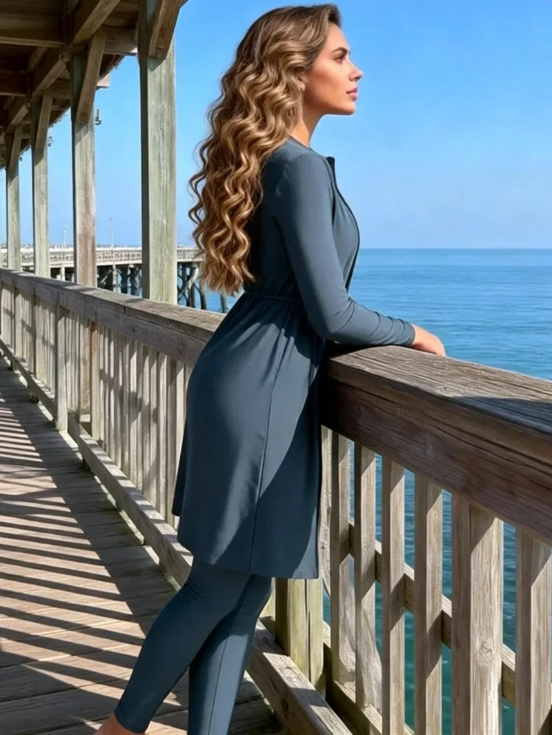 

New Muslim Swimwear Burkini 3pcs set solid color swimsuit for Muslim Women long sleeve suits diving suit and surf wear in summer
