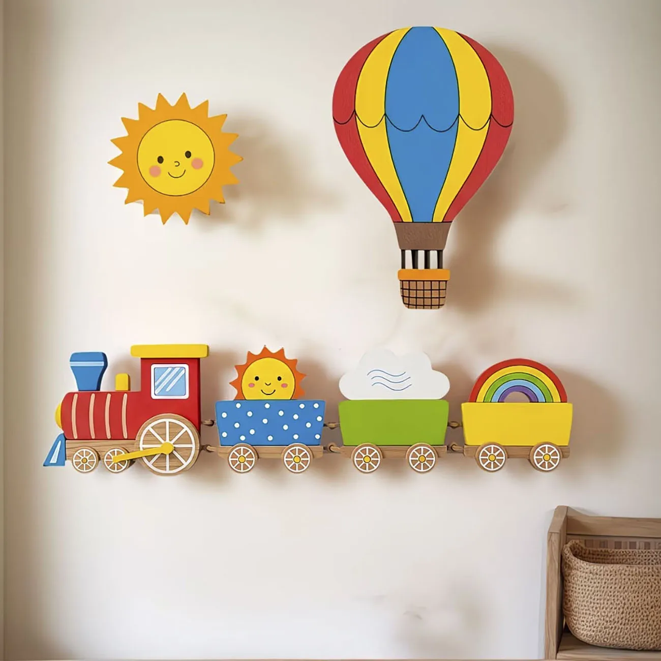 6Pcs Wooden Kids Wall Decor Set, Train & Hot Air Balloon Wall Art for Nursery