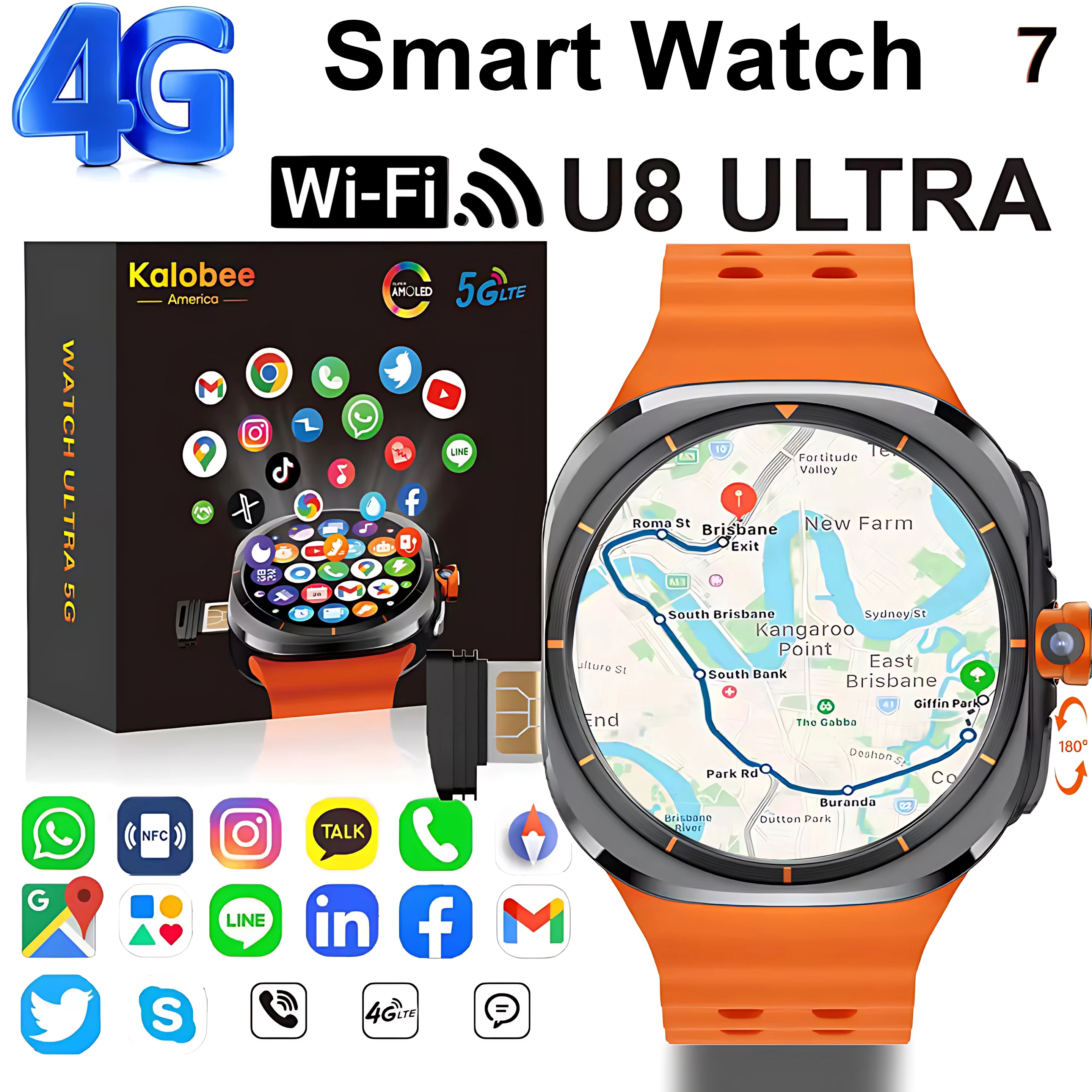 Per iOS Watch 8 Android Smart Watch da uomo GPS 32 GB ROM Storage HD 180 °   Fotocamera NFC 4G SIM Card WIFI Accesso rapido Internet wireless