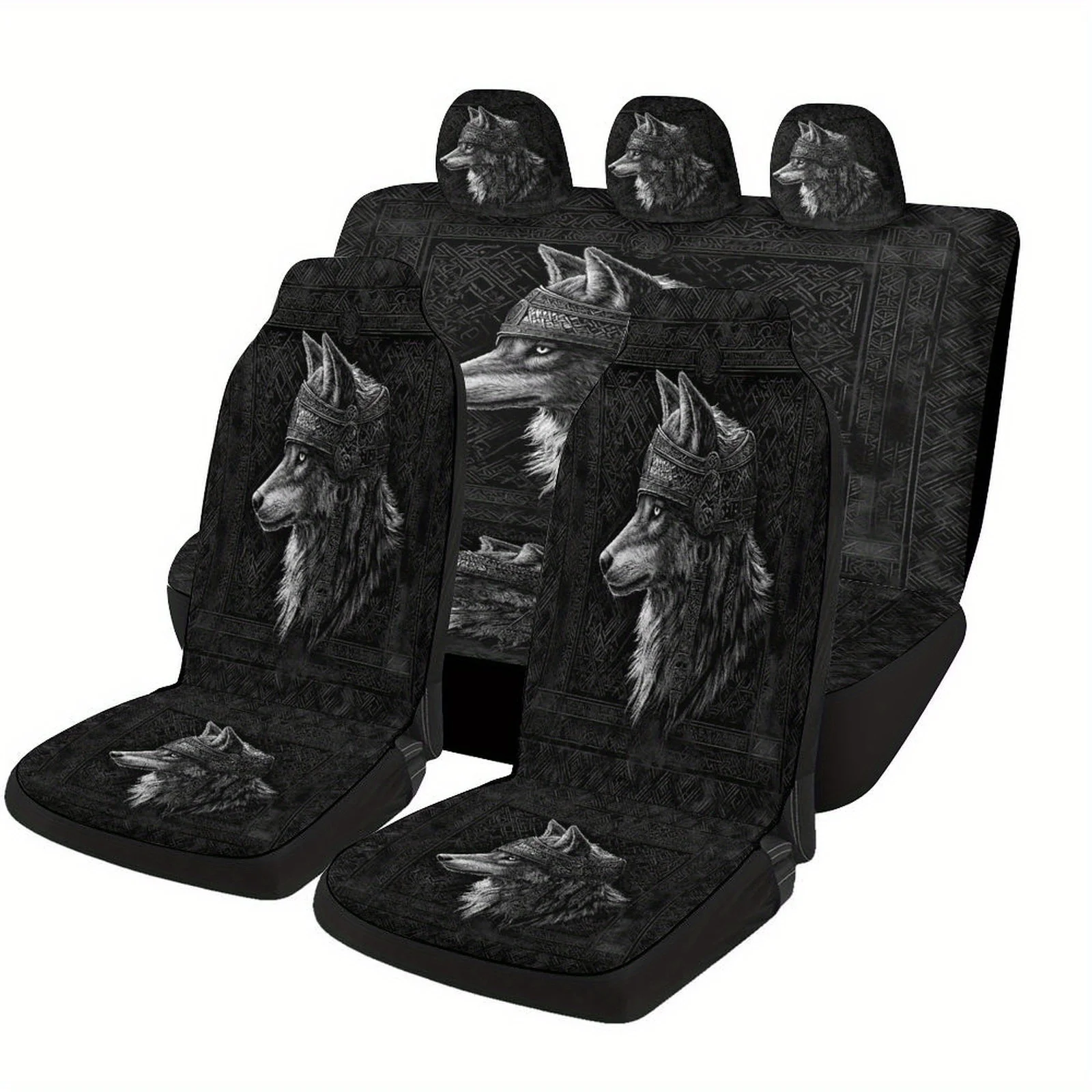 Vintage Viking Wolf Design Car Seat Cover Set - High-Quality, Comfortable Polyester Fabric, Full Coverage For 2 Front & Rear Sea