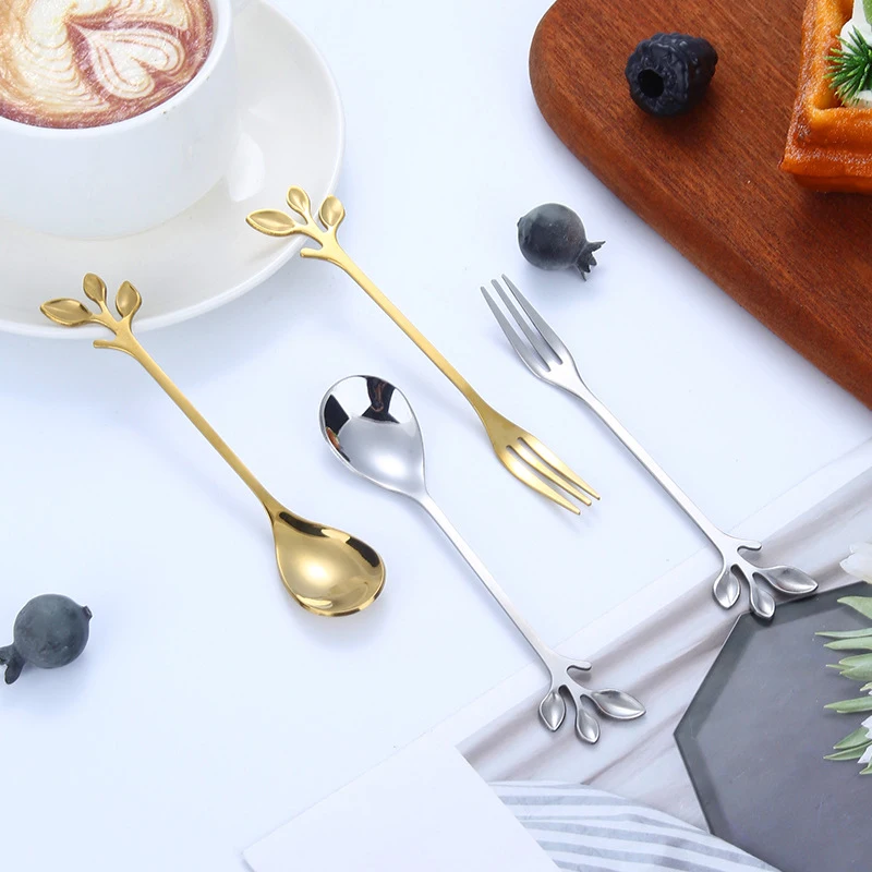 

8PCS Creative Stainless Steel Leaves Spoon Coffee Spoon Ice Cream Tea Stirring Spoons Kitchen Accessories Tableware Decoration