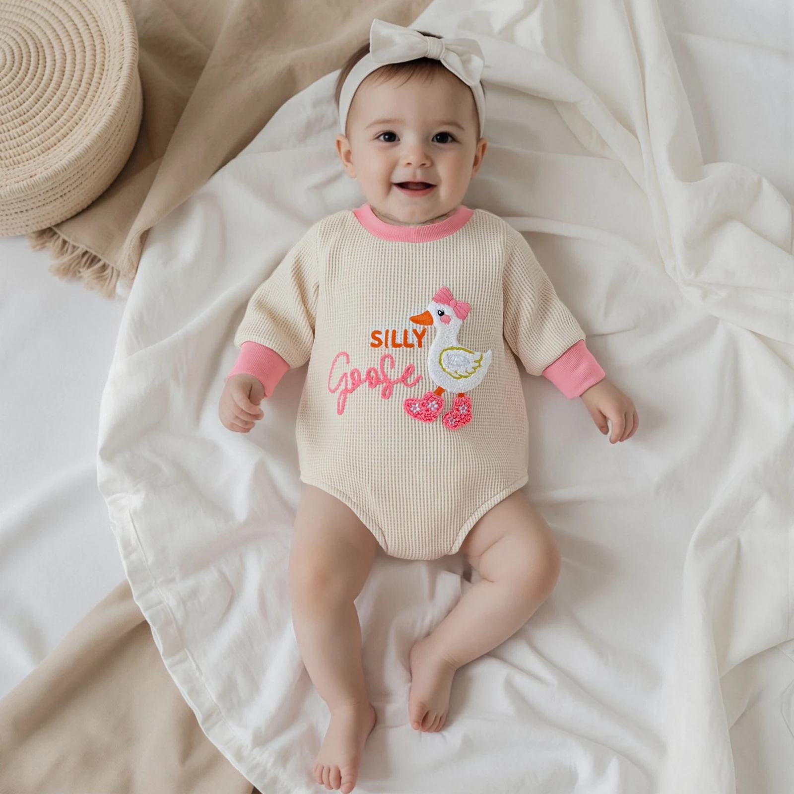 Baby Girls Waffle Romper Long Sleeve Crew Neck Embroidery Goose Letters Bodysuit Clothes for Casual Daily