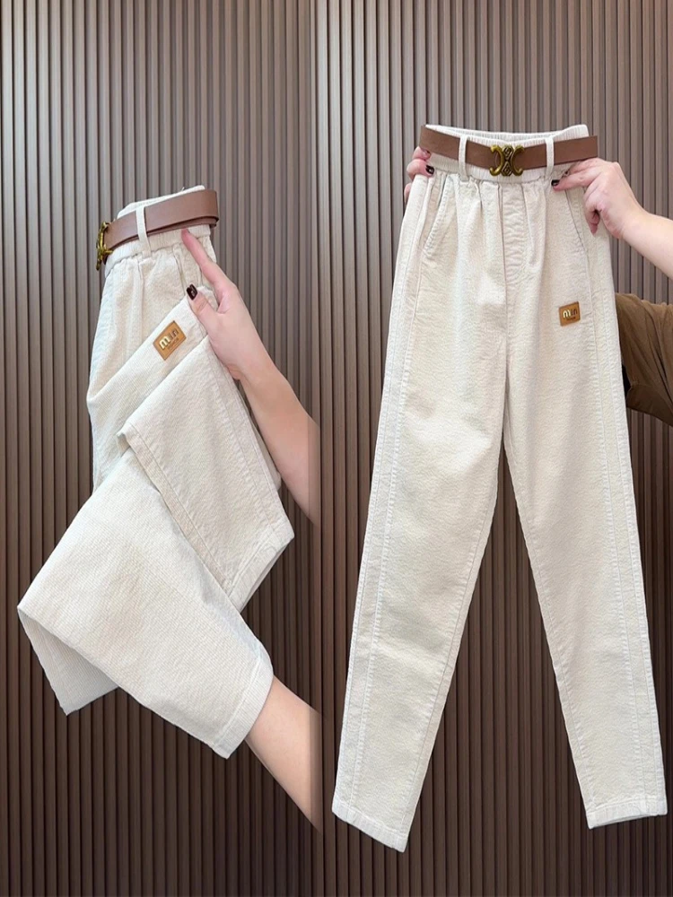 Women Corduroy Slacks Fall/Winter Korean Chic All-Match Nine Point Pants 2025 New Thick Warm High Waist Straight Haren Trousers