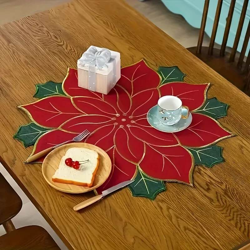 4pcs Christmas Embroidered Table Flag Tablecloth Desk Runner Round Plate Cover Plate Cloth Placemat Christmas Dining Table Decor