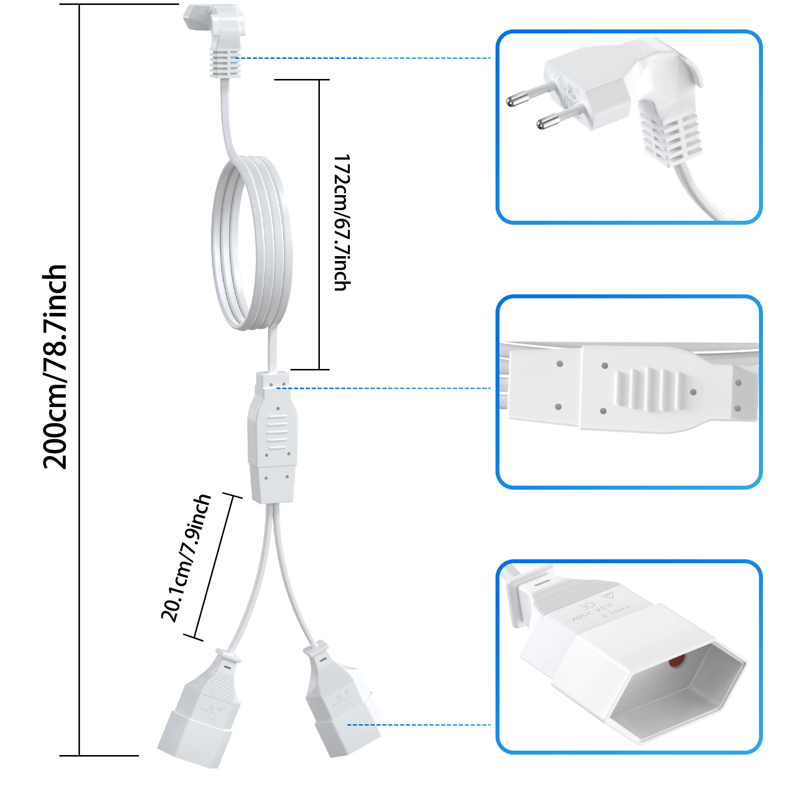 HITRENDS EU Extension Cord 2/3/5/8/10meters Power Cable 1 to 2 Ways Outlets, 2-prong Male Plug to Female Socket 2.5 A/250 V