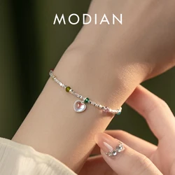 MODIAN 925 Sterling Silver Rainbow Color Crystal Beads Bracelet Charm Heart Moonstone Link Chain Bracelets For Women Jewelry