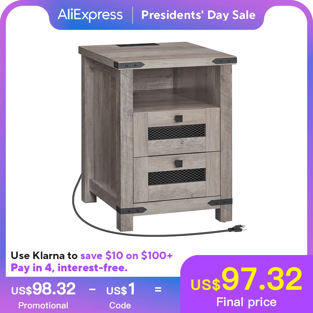 

Nightstand with Charging Station Greige Bedside Table with 2 Drawers and Open Storage End Table with Outlets and USB Ports