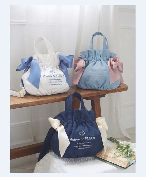Japanese Autumn and Winter Pear Flower Cute New Denim Bow Bucket Bag Laides Satin Sweet Crossbody Shoulder Portable Women's Bag