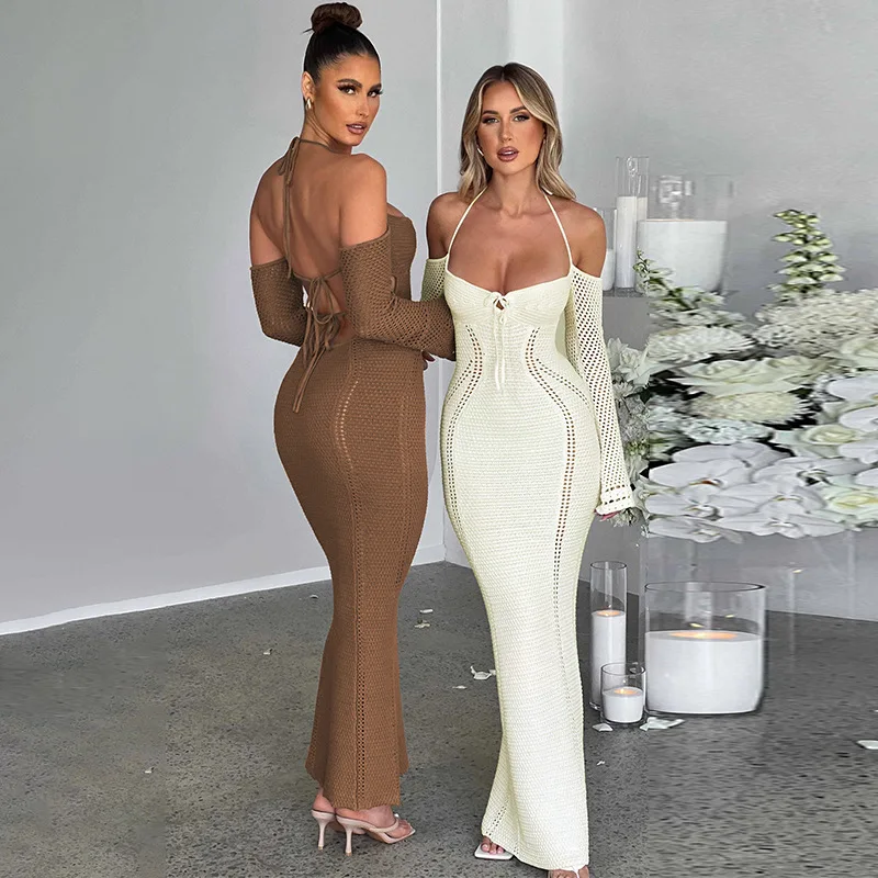 

Clinkly Off Shoulder Halter Knit Dress Outfits For Women Long Sleeve Elegant Sexy Backless Tie Front Maxi Dresses Vestido