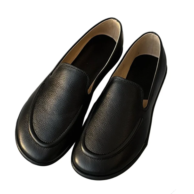 

Withered Minimalist Vintage Round Toe Lychee Patterned Cowhide Loafers Shoes Soft And Comfortable Flat Shoes Women