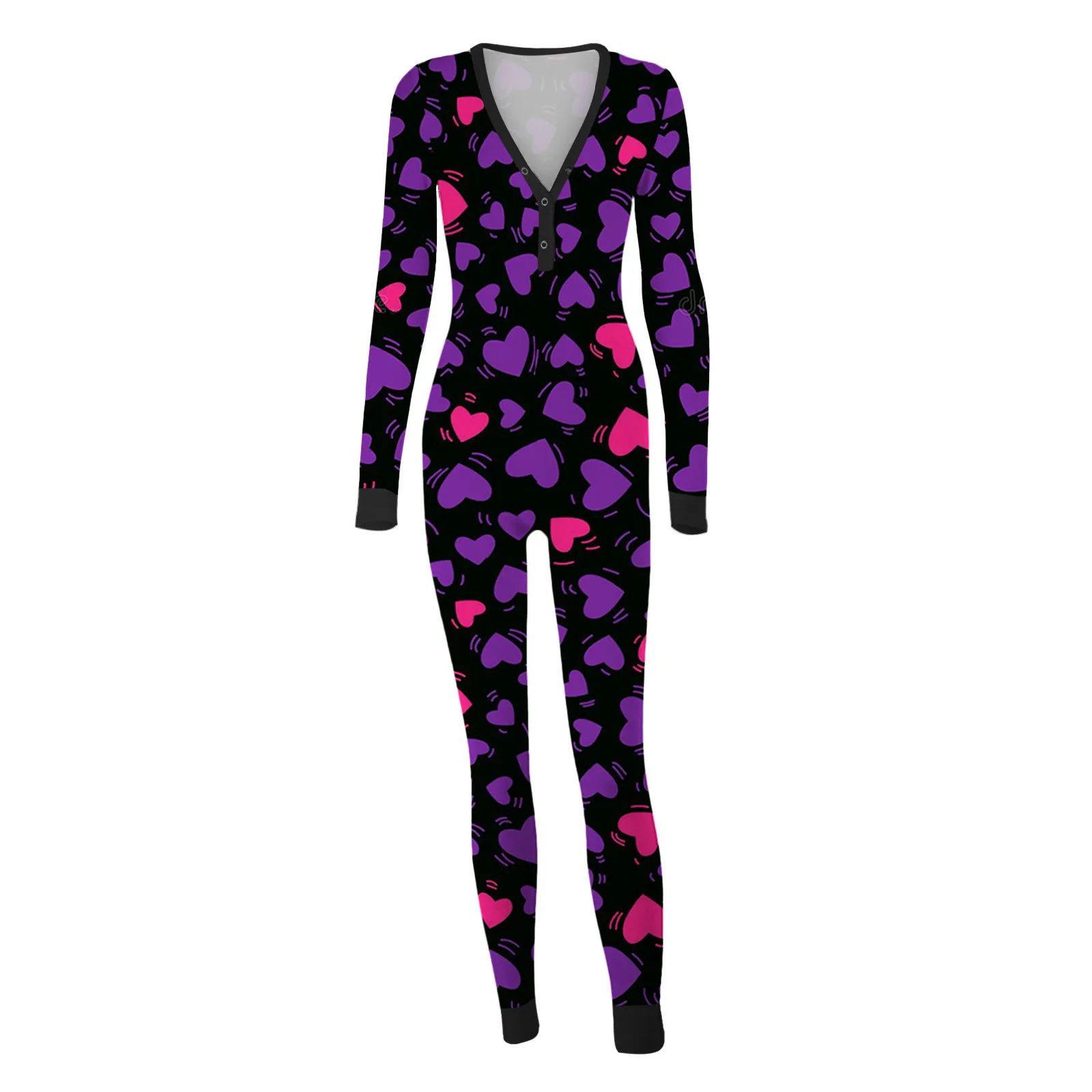 Women Heart Love Lipstick Print Jumpsuit Long Sleeve Half Button Up Sleepwear Romper Sexy Open Crotch Bodysuit Corset Onesises