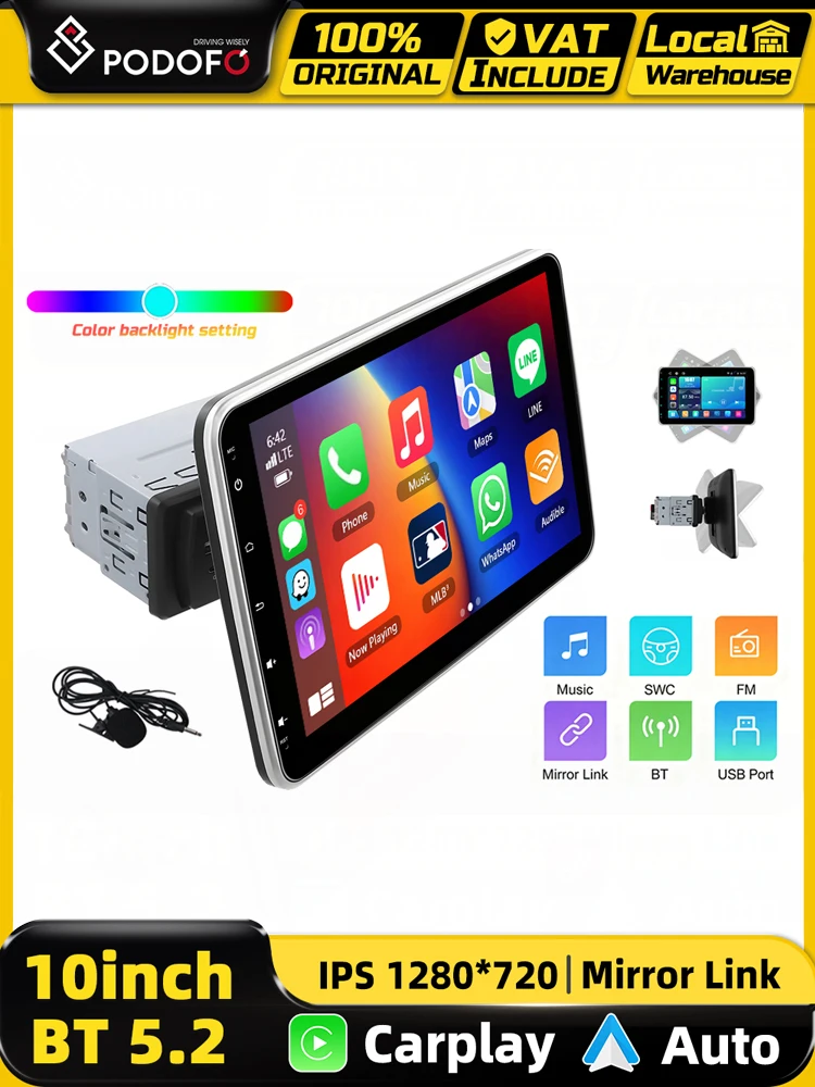 Podofo 10,1-Zoll Auto-Smart-Screen Multimedia-Video-Autoplayer Drahtloses CarPlay Android Auto Intelligentes Autosystem WIFI BT EQ FM RDS Stereo Mirror Link