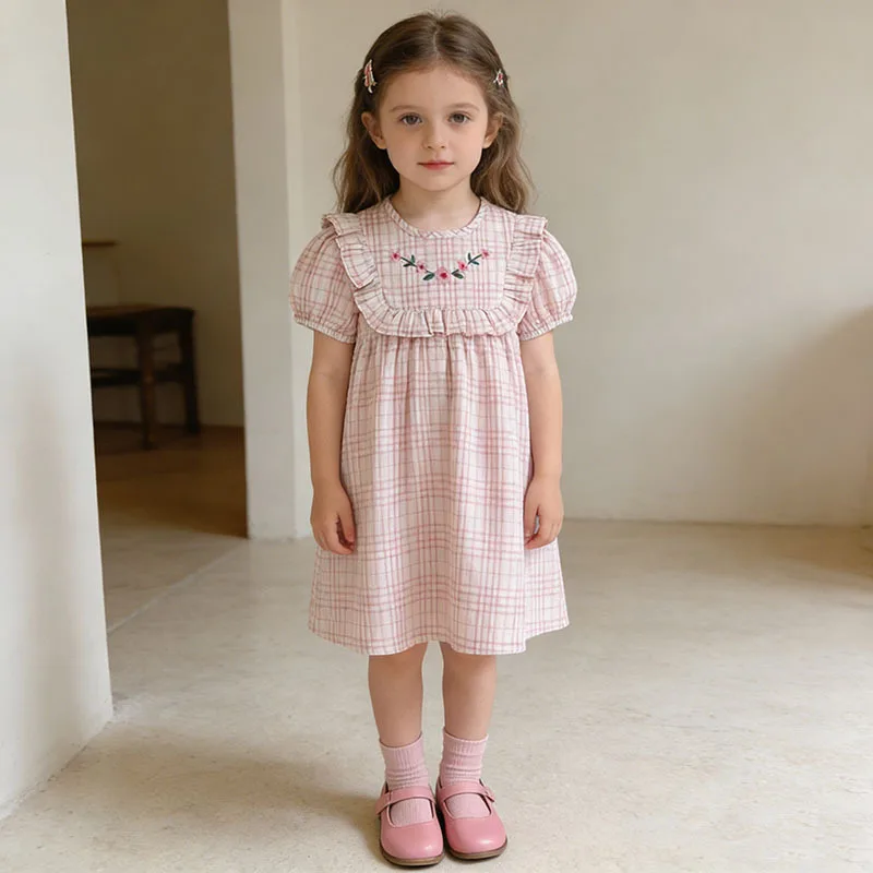 

Girls Dress 2026 Spring and Summer New Childrens Clothes Girls Baby Sweet Plaid Embroidered Collar Short-sleeved Princess Dress
