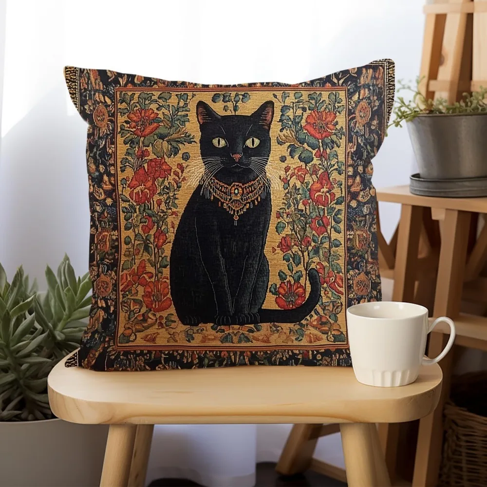 William Morris Black Cat Pillow Case Double-sided Abstract Vintage Floral Art Decorative Throw Pillow Cover for Home Sofa Decor