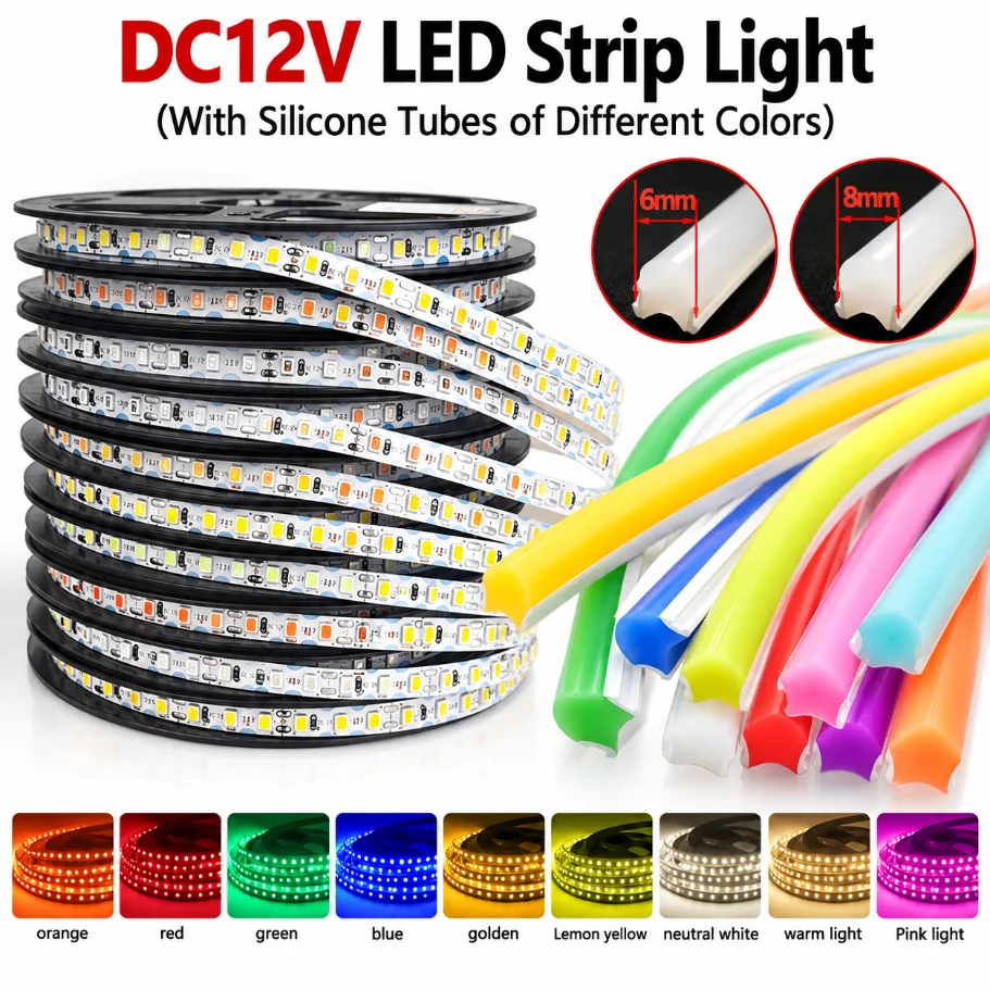 DC12V LED Strip Light With Colorful 1-50m Silicone Tube 6mm 8mm Width Multi Color Optional for Home Cabinet Decor Neon Lighting