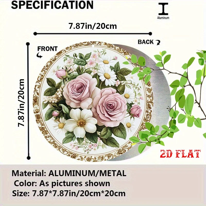 2D Flat - A Vintage-Style 2D Flat Metal Sign Showcasing Pink Roses And Daisies, Perfect for Decorating Cafes, Beach Houses, Or
