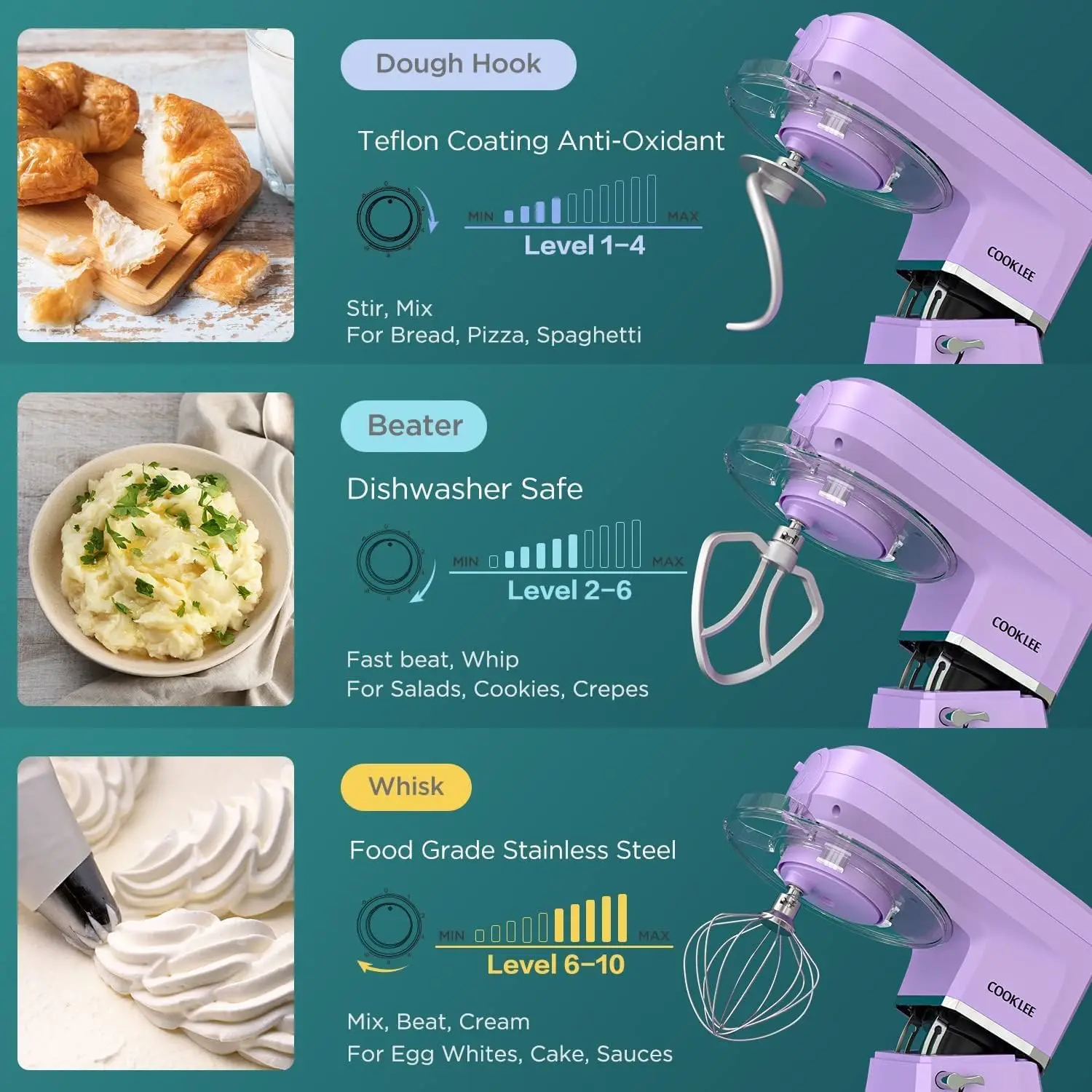 COOKLEE 6 w 1 mikser na stojaku, 8.5 Qt. Wielofunkcyjny mikser kuchenny elektryczny z 9 akcesoriami dla większości domowych kucharzy