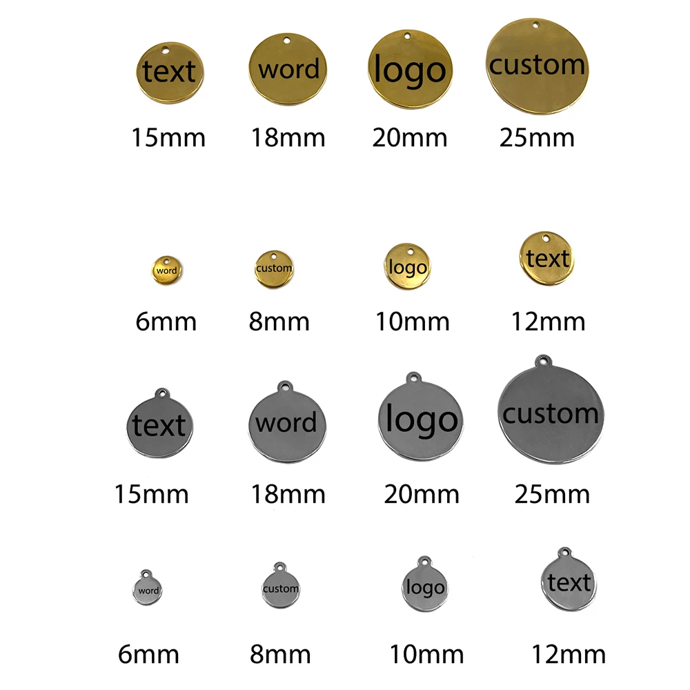 50 sztuk grawerowane laserowo przywieszki z logo okrągła przywieszka ze stali nierdzewnej 6mm-25mm okrągły urok grawerowane wisiorki do tworzenia biżuterii
