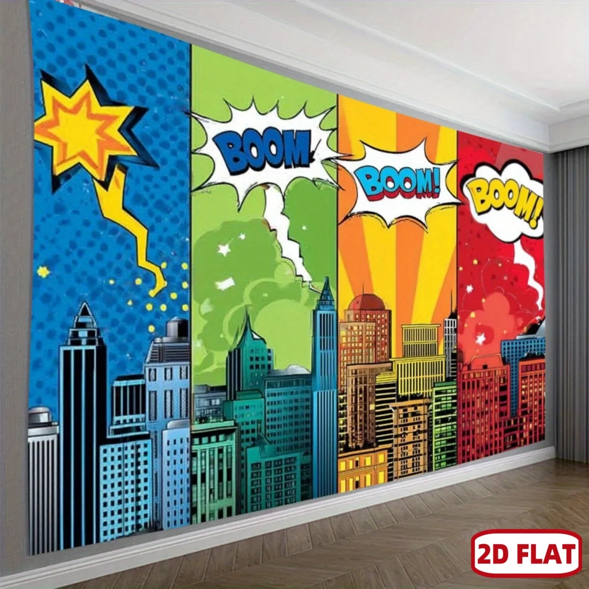 Comic Book City Tapestry, Pop Art Boom Explosion Wall Hanging, Retro Cartoon Bedroom Decor, Colorful Superhero Style Backdrop