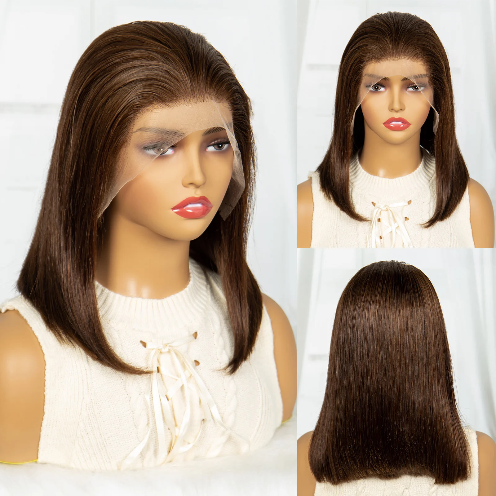 Double Drawn Hair Wig Bob Brown Coffee Wigs 200% Density 12A Hair 13x4 Lace Front Human Hair Wigs Bob Straight Human Hair Wigs