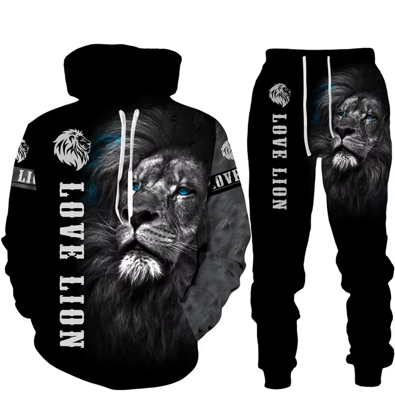 Winter Autumn Wolf Animal Pattern 3D Printed Sweatpants and Hoodie Set Tracksuit Men Clothing Suit Oversize Streetwear Sportwear