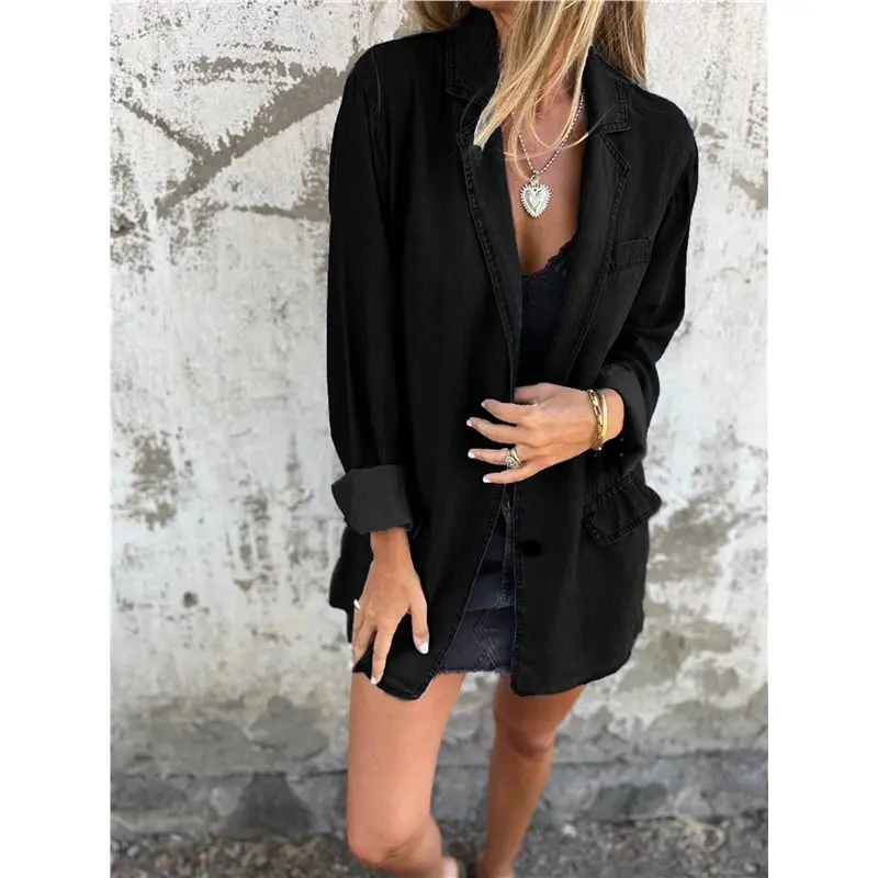 IALJ-سترة نسائية من قماش الدنيم بأزرار وأكمام طويلة وطية صدر السترة كاجوال فضفاضة من قماش الدنيم