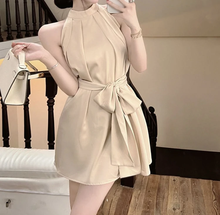 

2025 Summer New Satin High-end Sleeveless Dress with Sexy Temperament and Waist Cinching Strap Short Skirt
