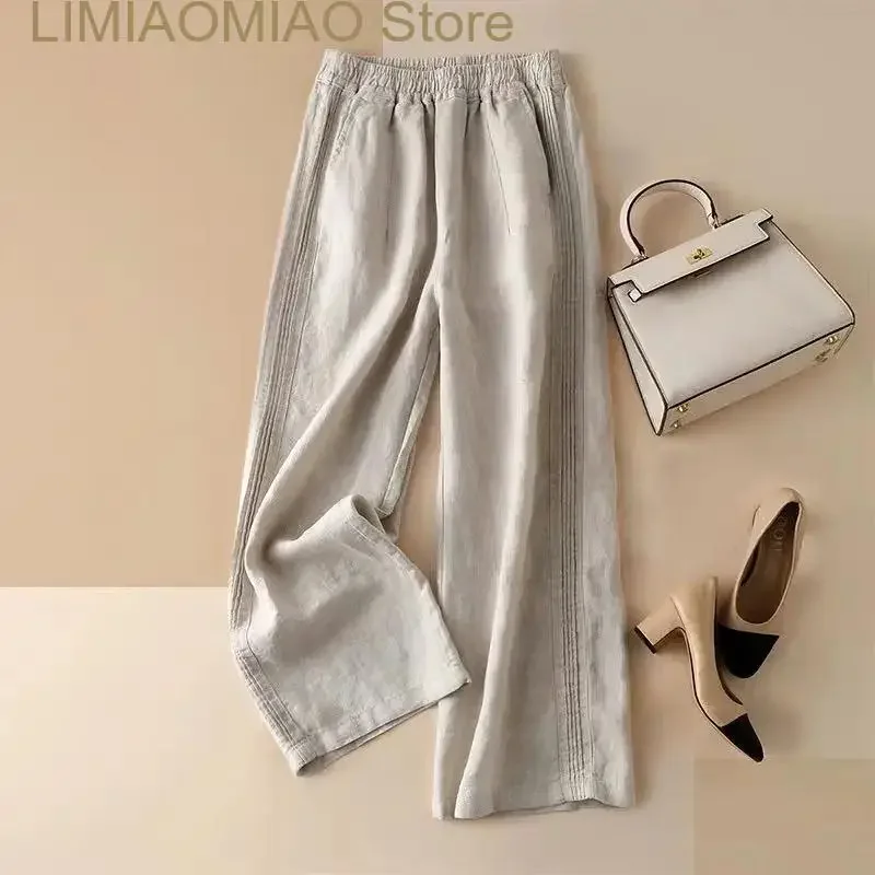 

New Blue Straight Side Stripe Line Cotton Linen Trousers Women's Pants Summer High Waist Drape Loose Casual Pants For Women